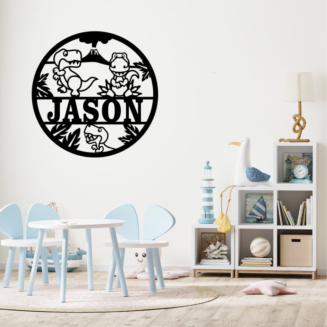 Dinosaur nursery décor styled above a child’s bed with jungle accents