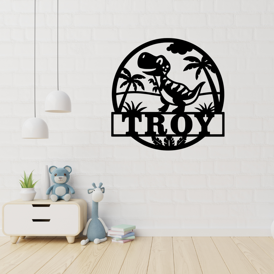 Dinosaur island wall art displayed in a playful nursery room