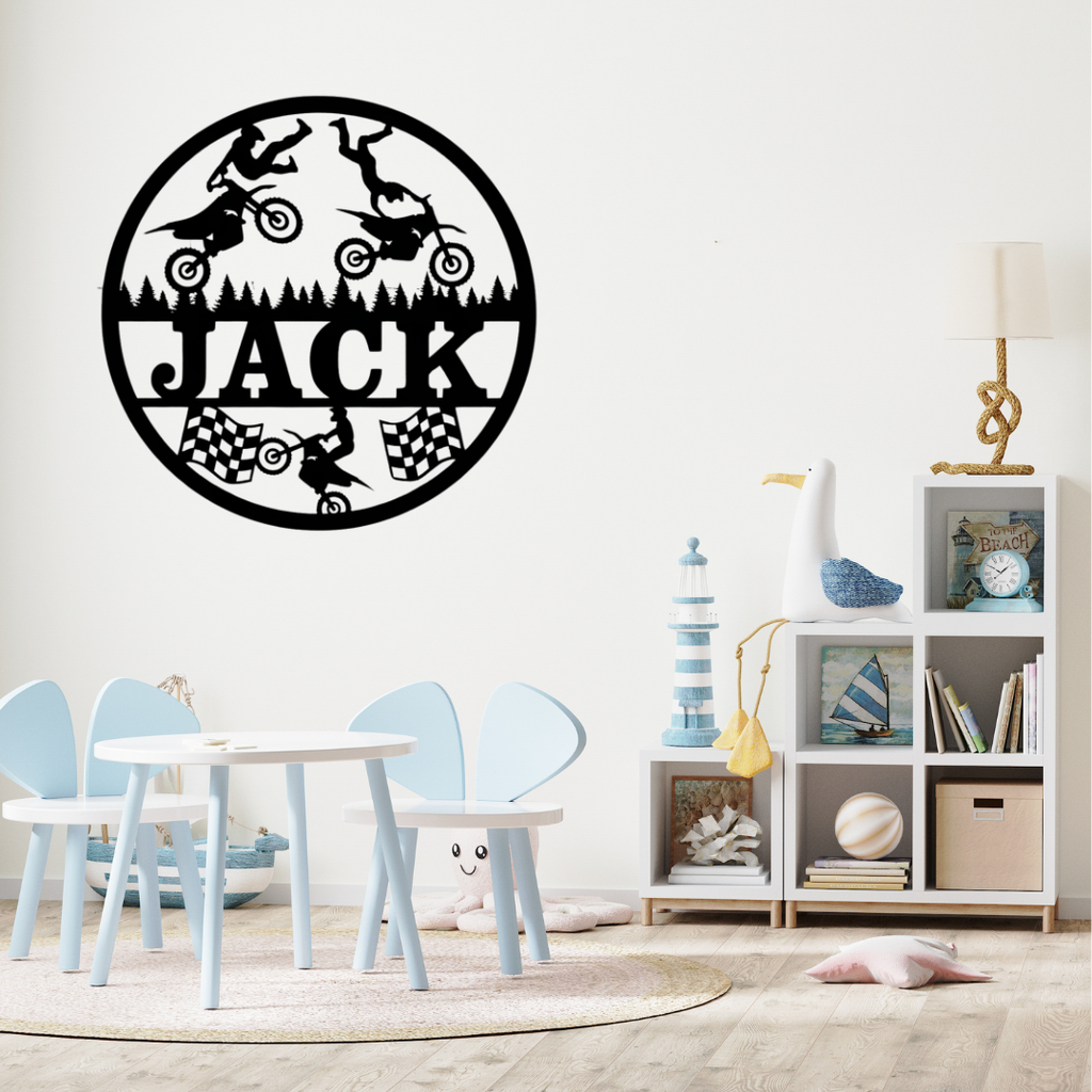 Dirt bike décor styled in a sporty kids playroom