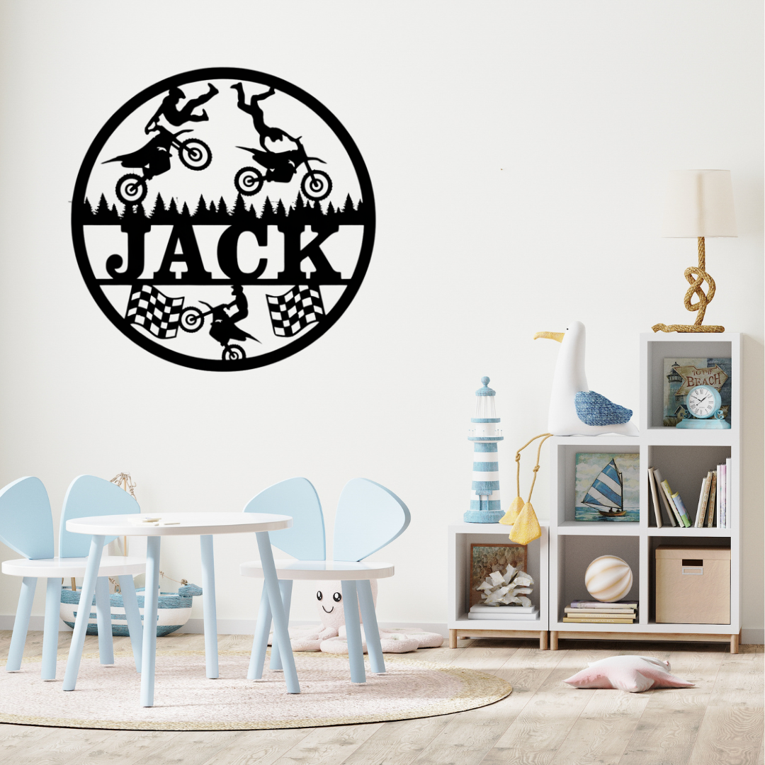 Dirt bike décor styled in a sporty kids playroom