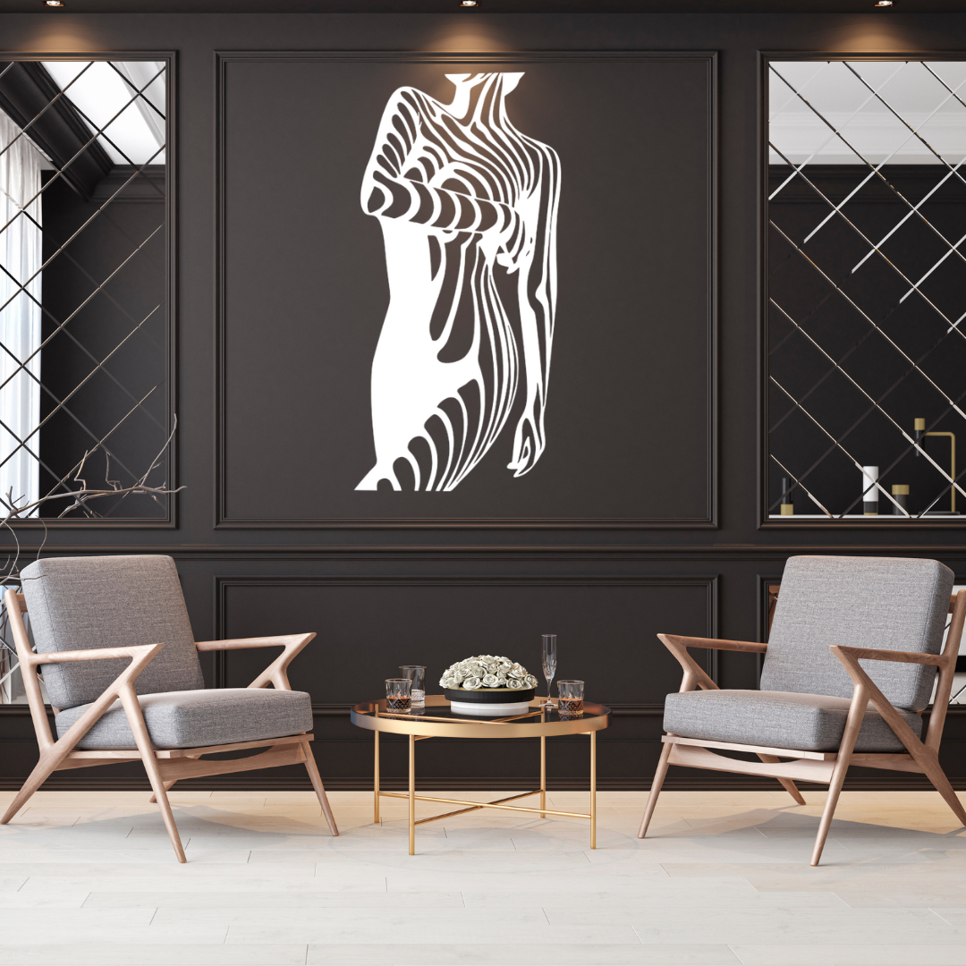 Female metal wall art as a statement piece in a luxury interior setting