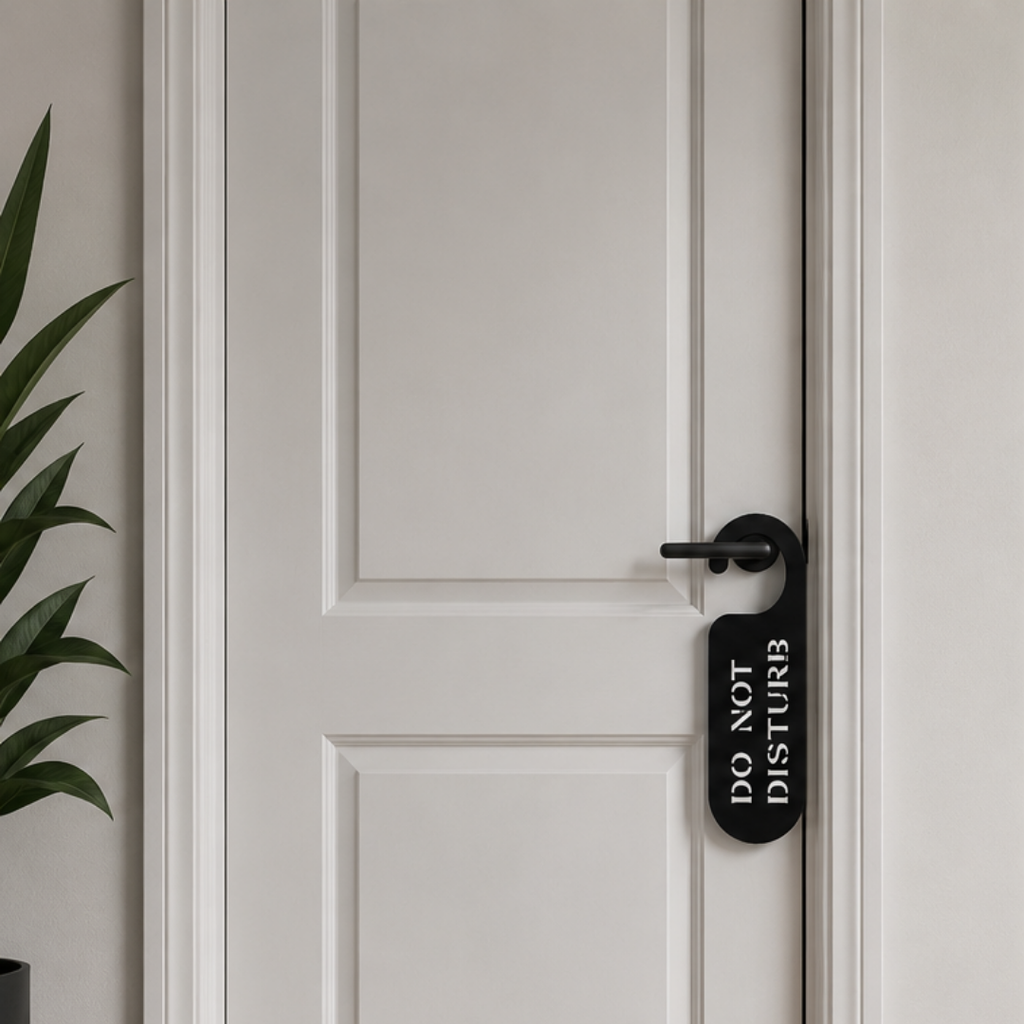 Do Not Disturb metal door hanger sign hanging from a white interior door, providing a stylish privacy solution for bedrooms, hotels, or offices.