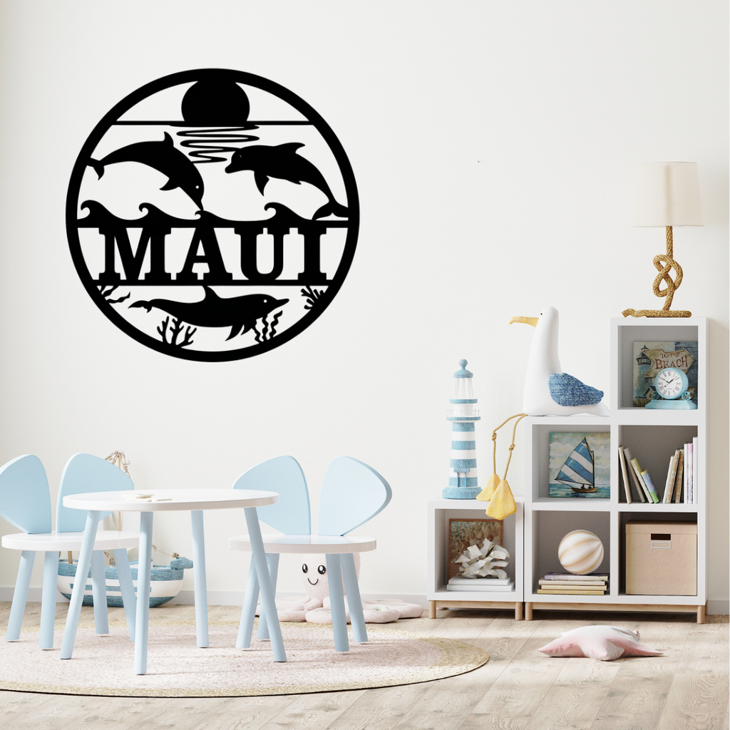 Ocean-inspired dolphin décor styled in a beach house bedroom