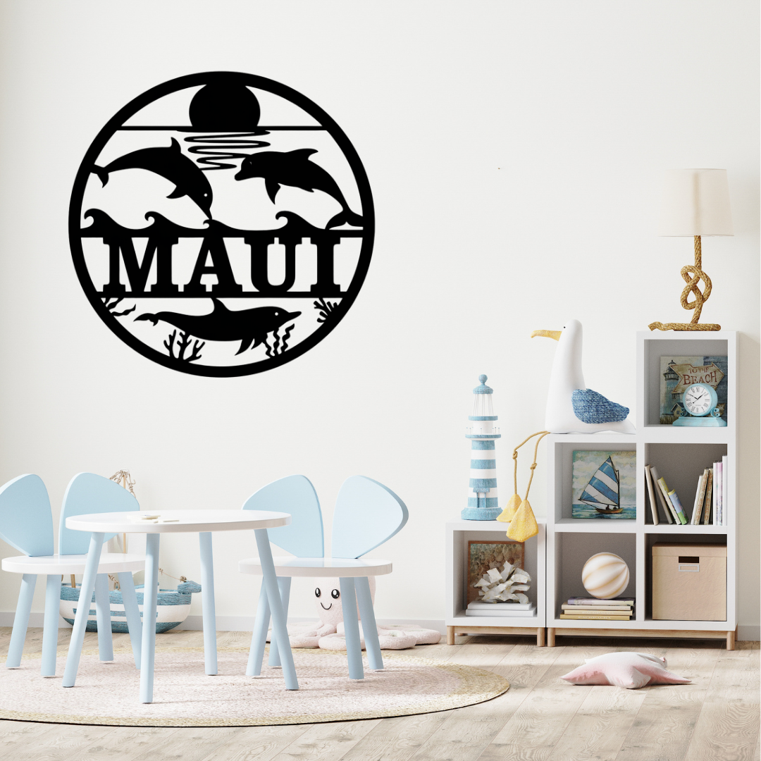 Ocean-inspired dolphin décor styled in a beach house bedroom