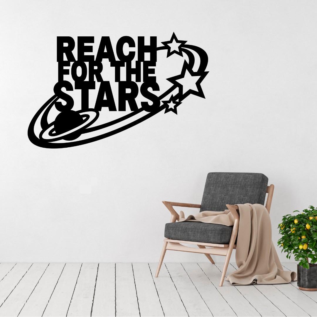 Dream Big Reach for the Stars metal wall art displayed above a contemporary chair in a modern interior