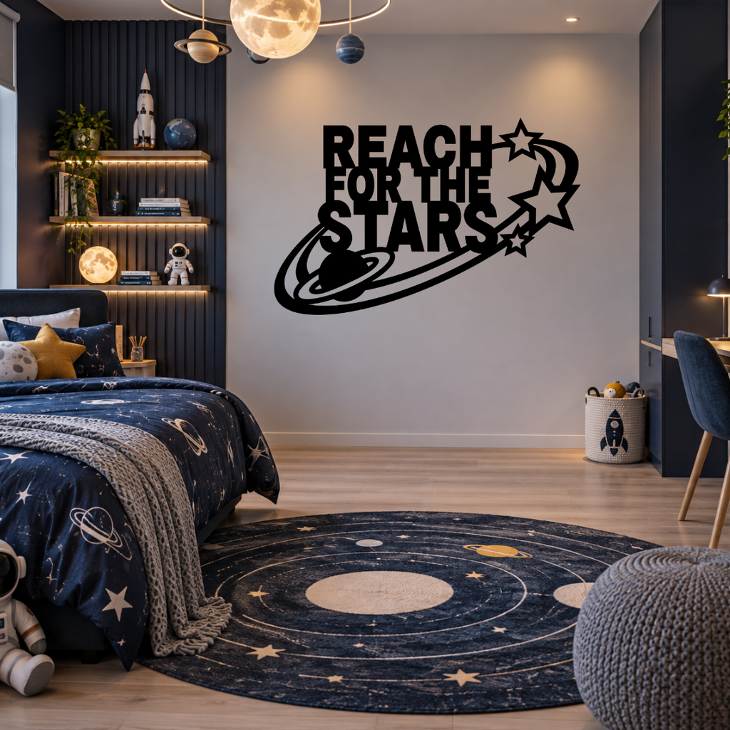 Dream Big Reach for the Stars metal wall art displayed in a modern room with contemporary décor