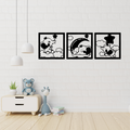 Dreamy Elephant Trio | Nursery Metal Wall Art Set displayed in a modern nursery, featuring three adorable elephant illustrations with clouds, stars, and a crescent moon in matching square black metal frames.