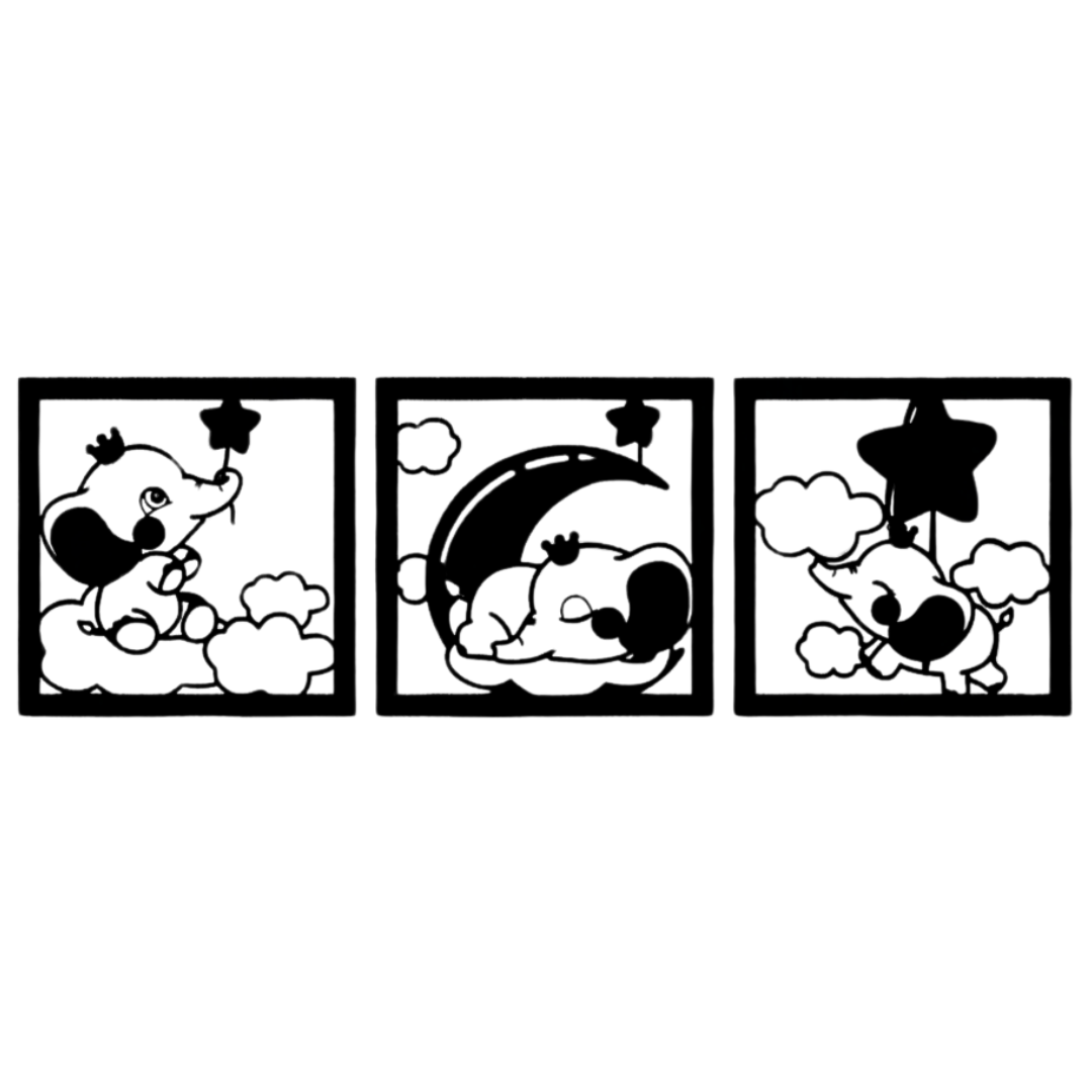 Dreamy Elephant Trio | Nursery Metal Wall Art Set featuring three whimsical elephant designs with clouds, a crescent moon, and stars, precision cut from black powder-coated steel in matching square frames.