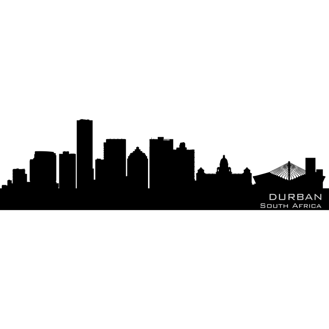 Durban South Africa city skyline silhouette metal wall art with Moses Mabhida Stadium on white background