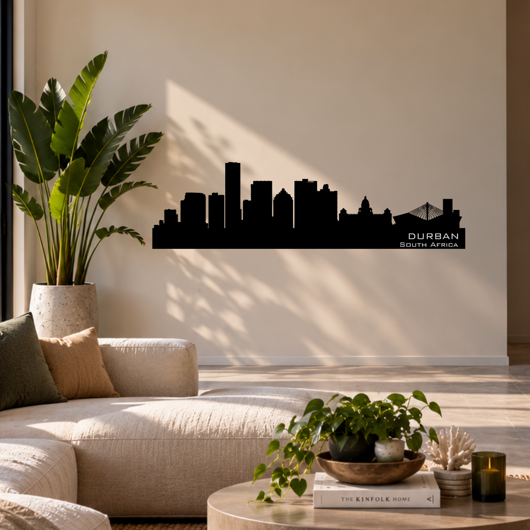 Durban South Africa skyline metal wall art featuring Moses Mabhida Stadium displayed in a modern interior