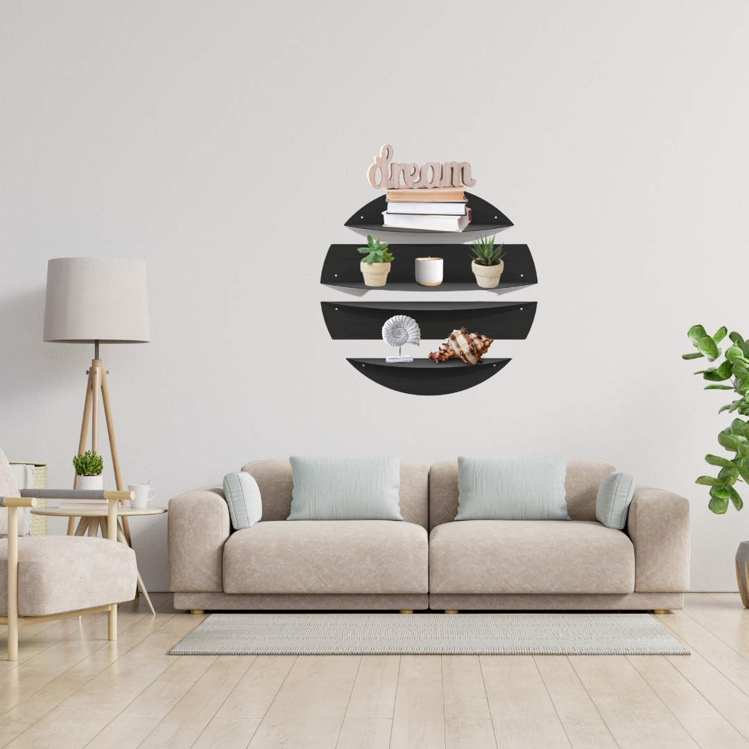 Modern curved metal wall shelf set displaying plants and decorative accessories in a contemporary interior
