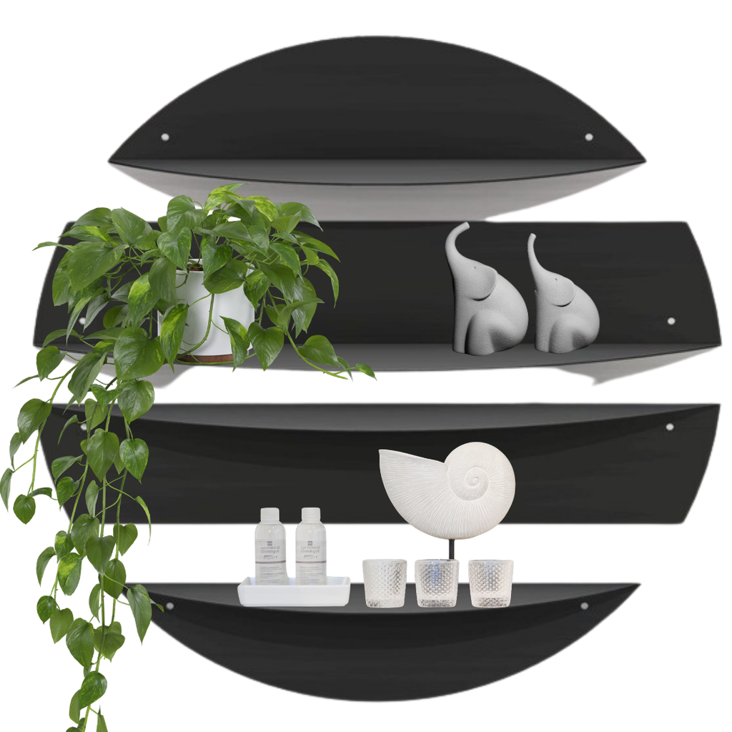 Eclipse Wall Shelf Set featuring four curved metal shelves arranged in a circular wall display
