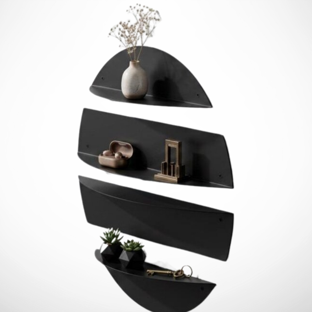 Decorative modular wall shelf set creating circular wall art with functional display storage