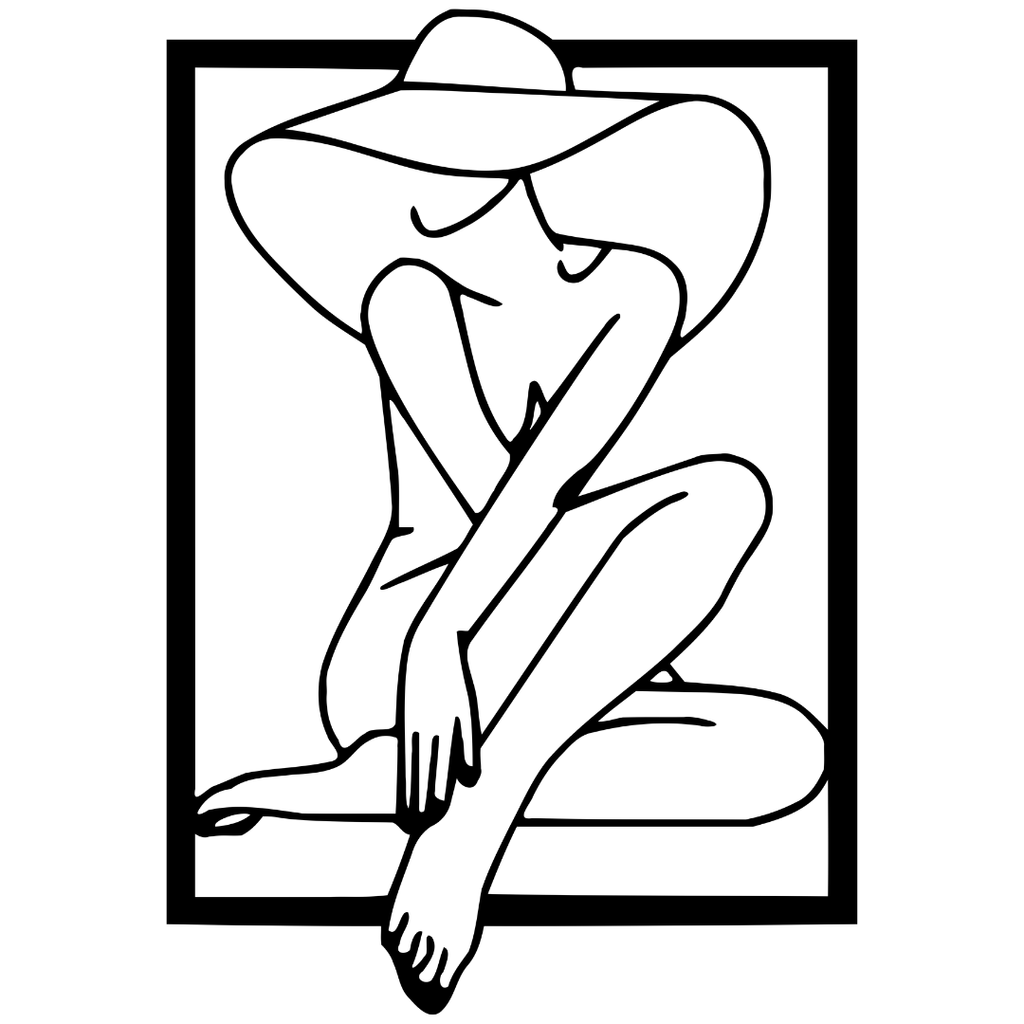Elegant Mystery woman in hat metal wall art isolated on a white background showing minimalist flowing line-art detail