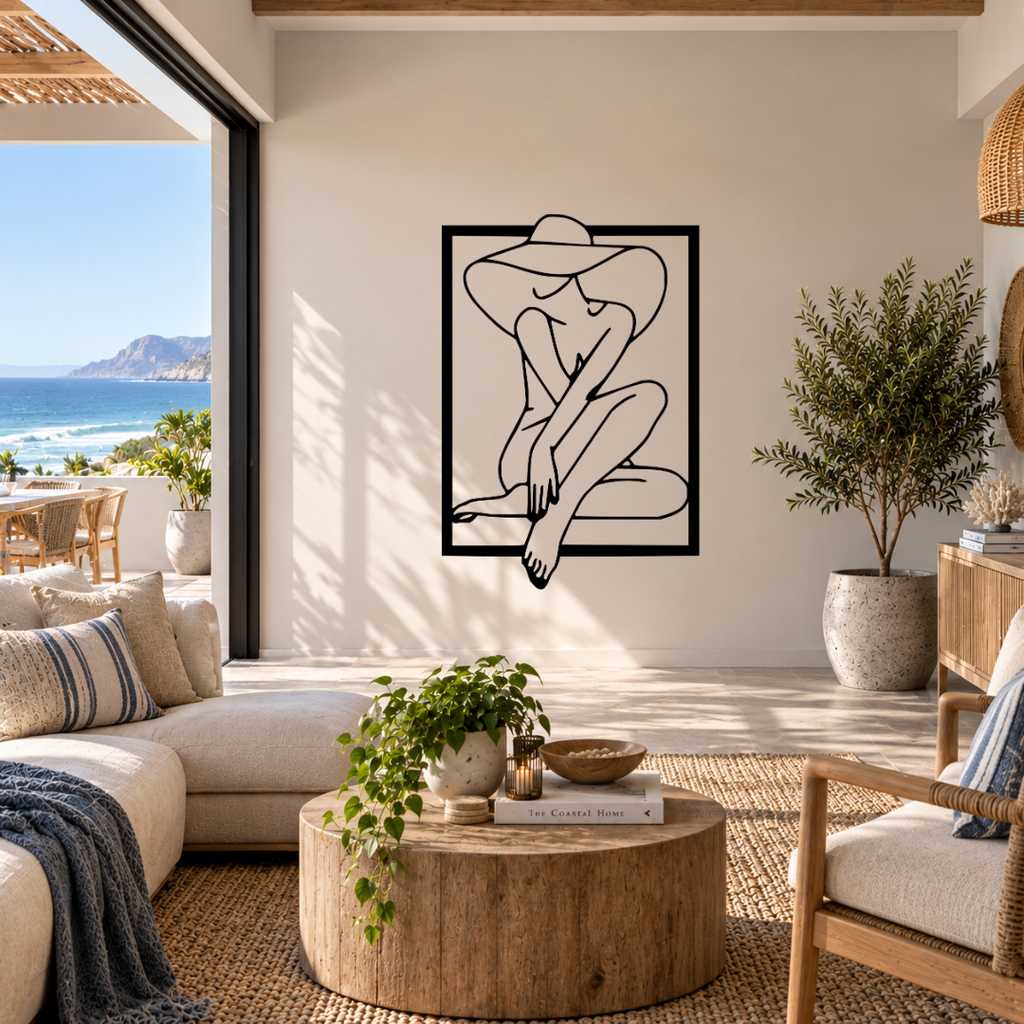 Elegant Mystery woman in hat metal wall art displayed in a modern room with contemporary interior décor