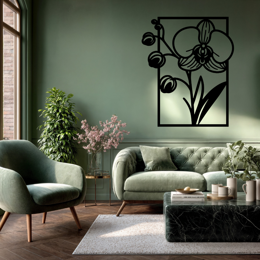 Elegant Orchid | Orchid Flower Metal Wall Art showcased in a stylish contemporary living room above a sofa.