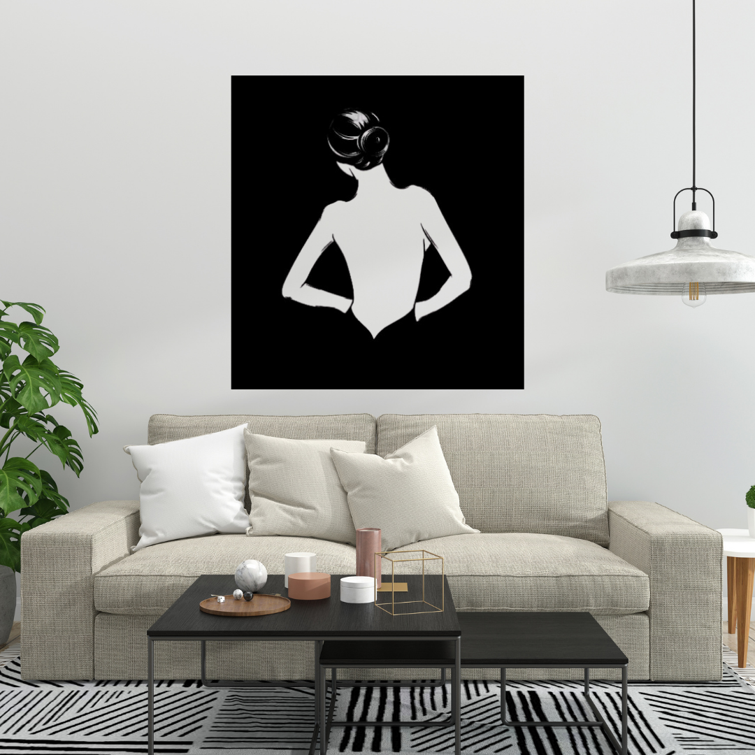 Elegant Silhouette | Modern Woman Metal Wall Art mounted above a modern sofa in a stylish living room.
