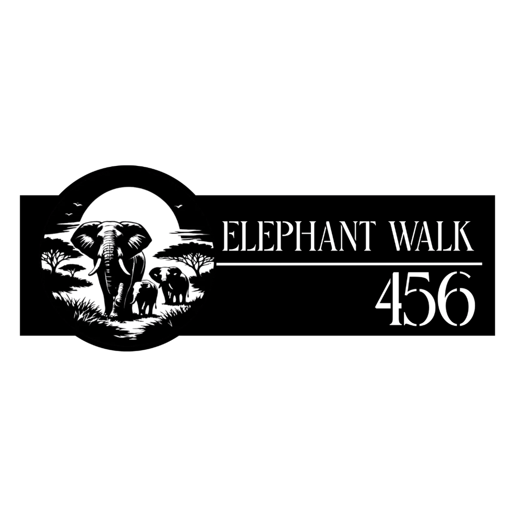 Close-up of the Elephant Walk custom laser-cut elephant metal address sign.