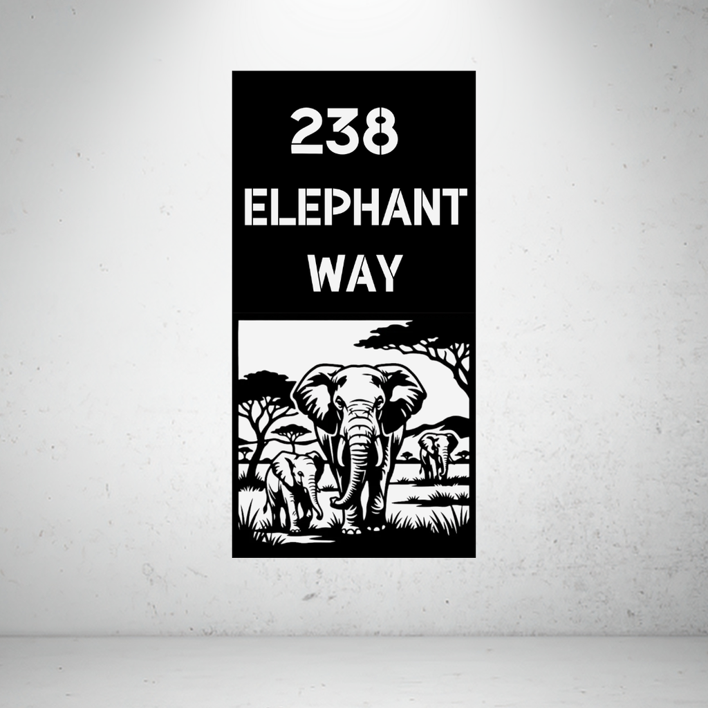 Elephant Way personalised vertical metal house number sign featuring a detailed elephant family walking through an African savannah.