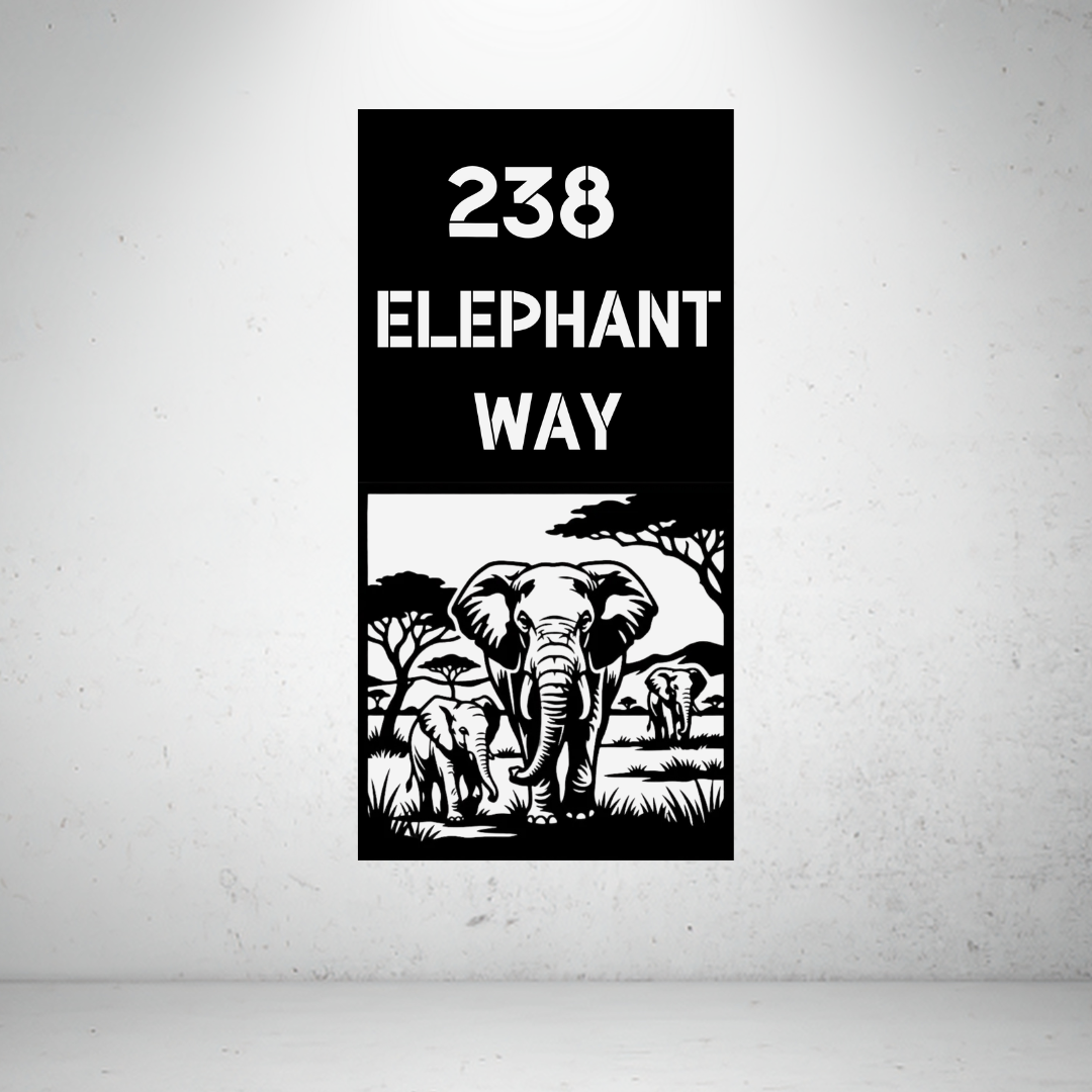 Elephant Way personalised vertical metal house number sign featuring a detailed elephant family walking through an African savannah.