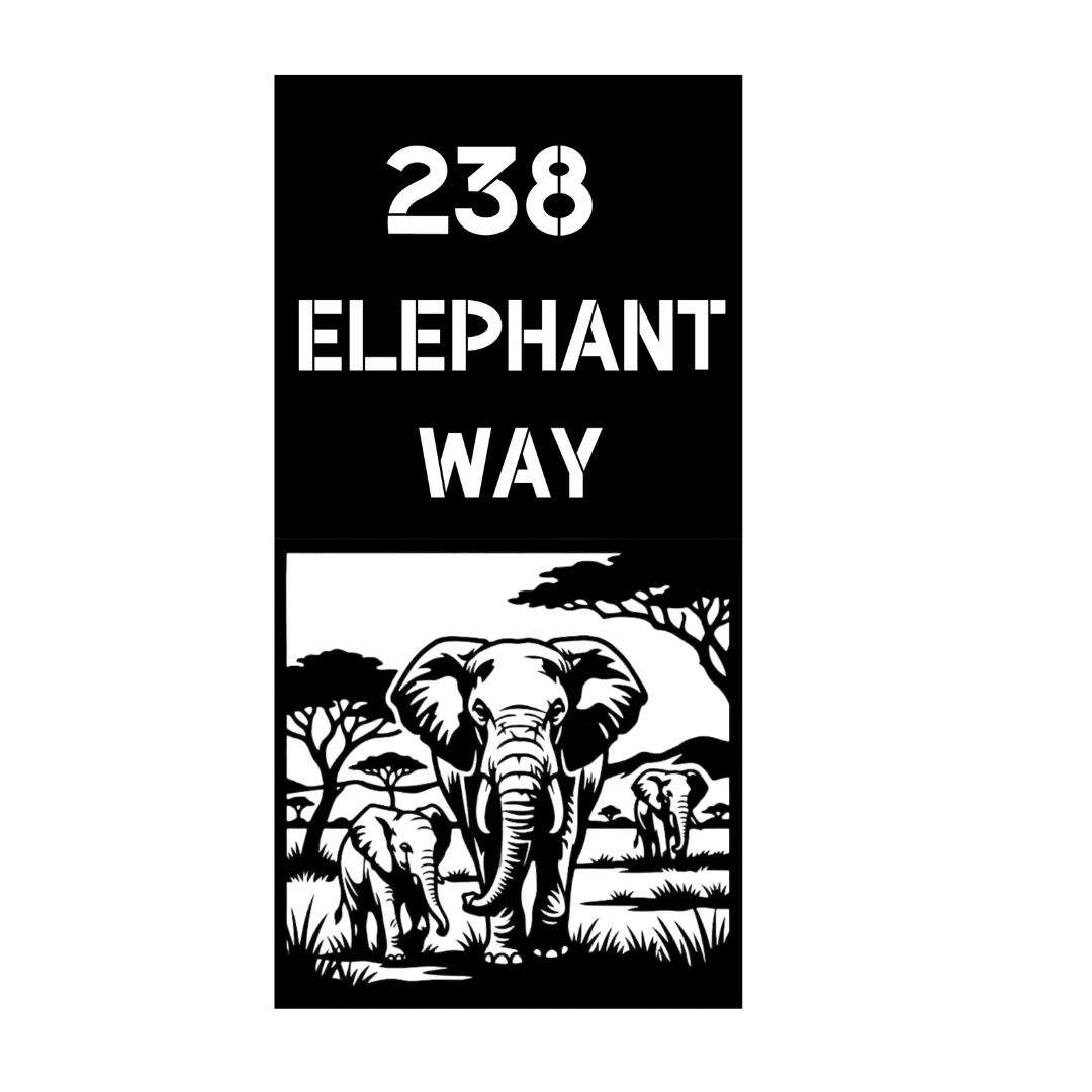 Close-up of the Elephant Way custom laser-cut steel house number plaque with an elephant family wildlife design.