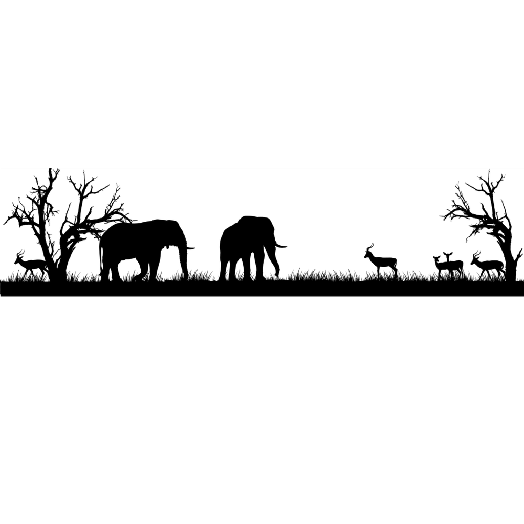 African savanna silhouette metal wall art featuring elephants, impala and bare African trees with a white background.