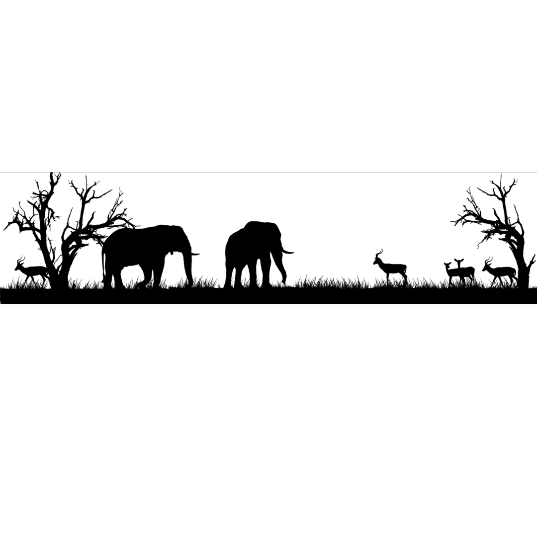 African savanna silhouette metal wall art featuring elephants, impala and bare African trees with a white background.