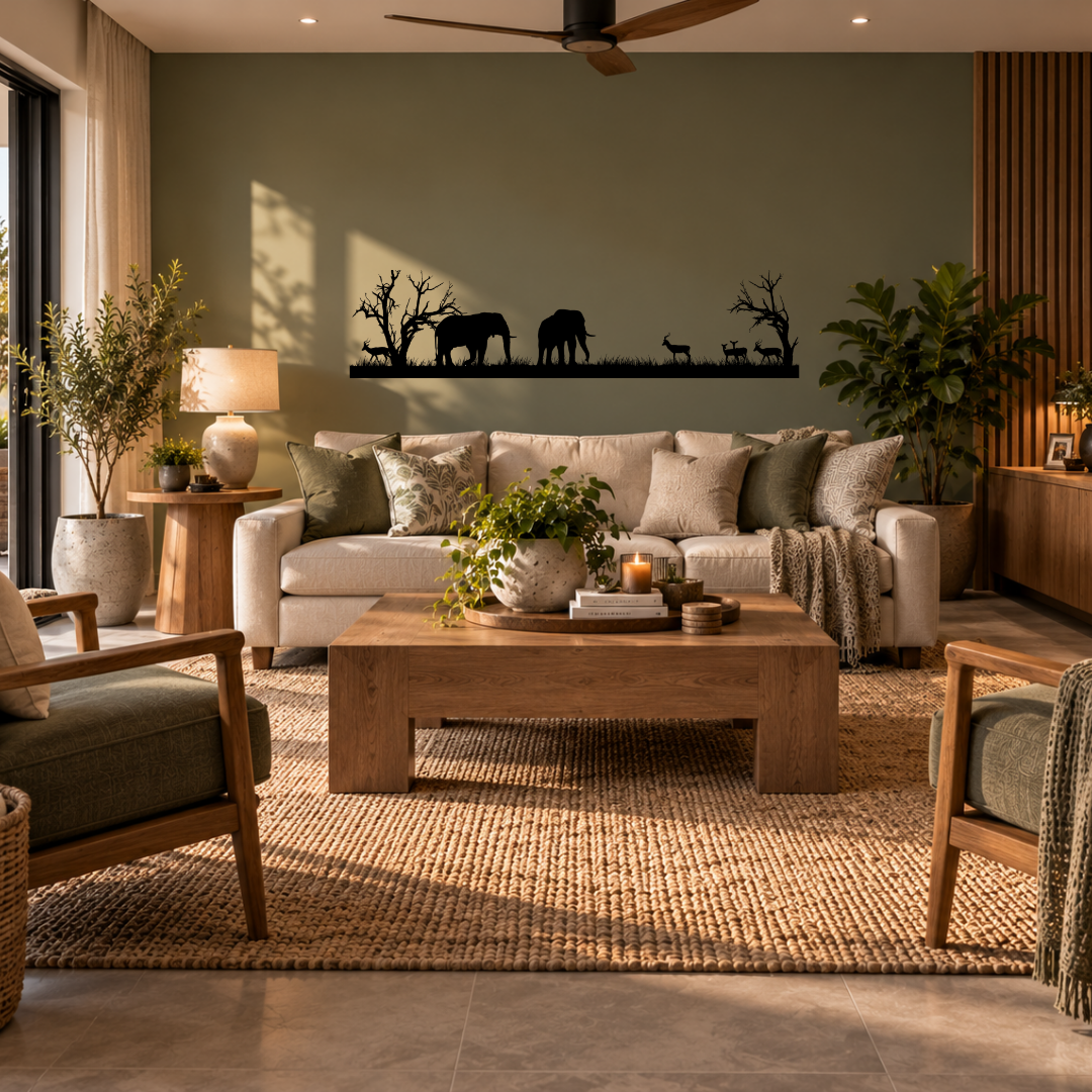 African savanna silhouette metal wall art featuring elephants, impala and bare African trees in a modern room.
