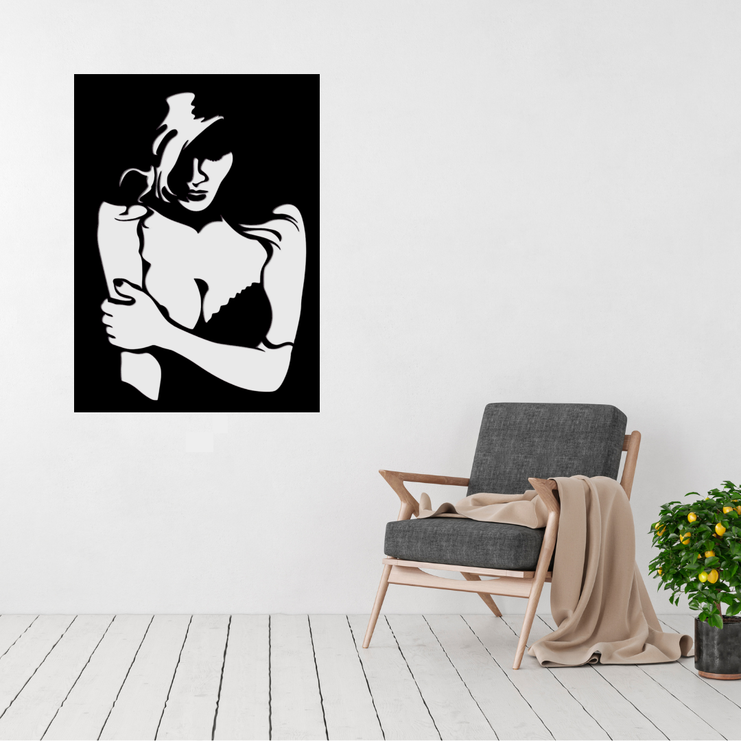 Embrace abstract female metal wall art displayed on a bright modern living room wall.
