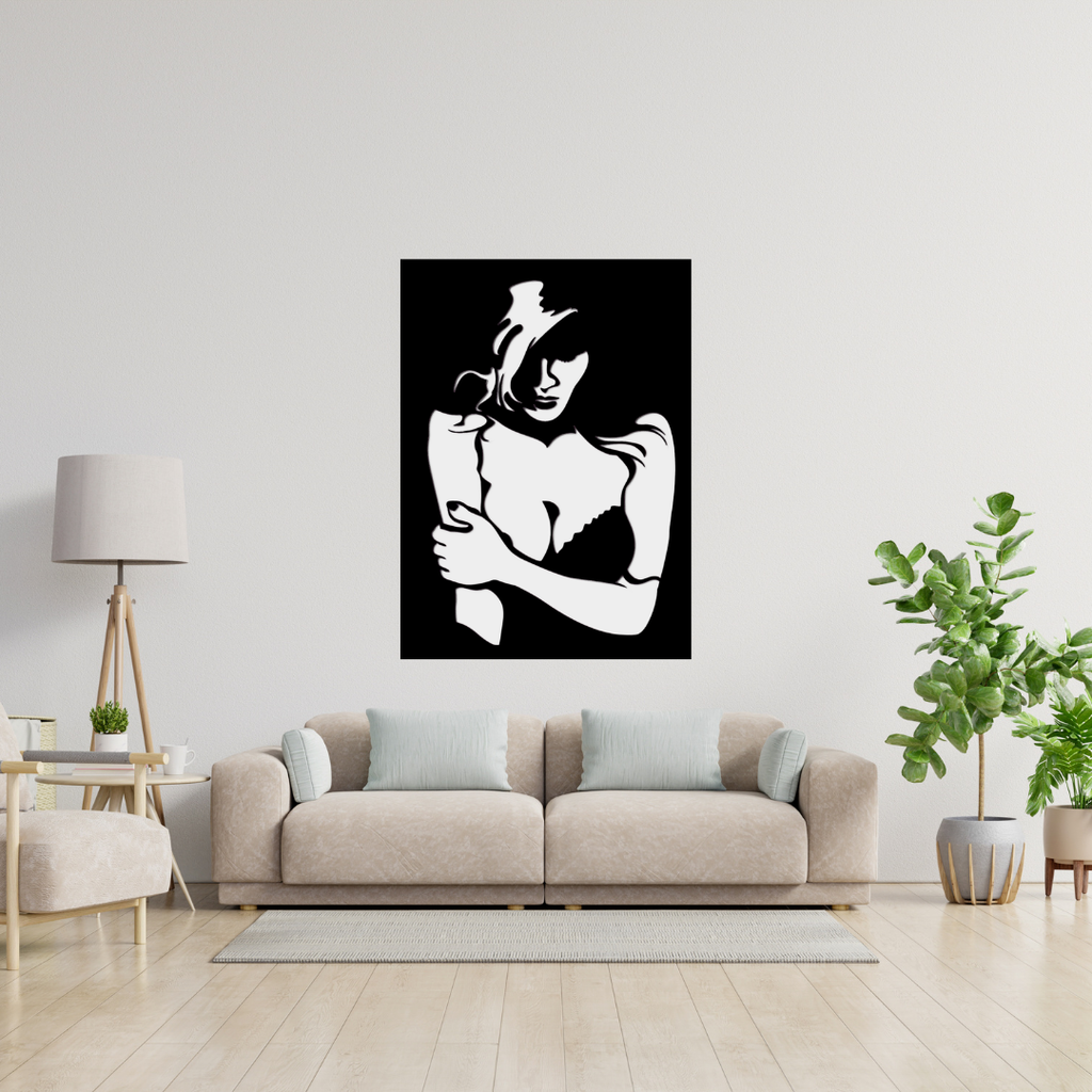 Embrace abstract female metal wall art showcased above a contemporary sofa in a stylish living room.