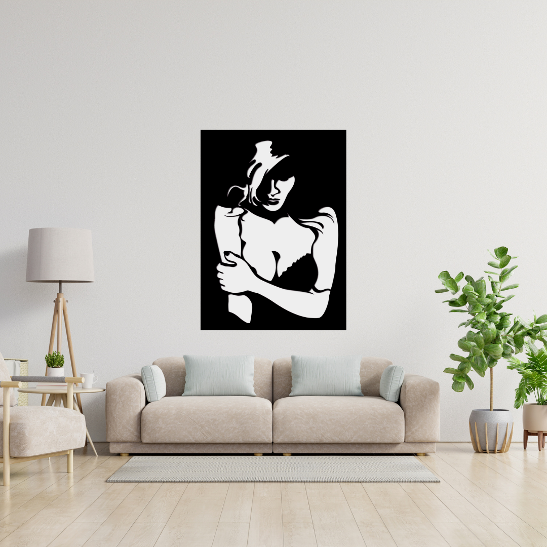 Embrace abstract female metal wall art showcased above a contemporary sofa in a stylish living room.
