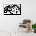 Eternal Bond Horses Metal Wall Art displayed in a bright, modern living room above a contemporary armchair.