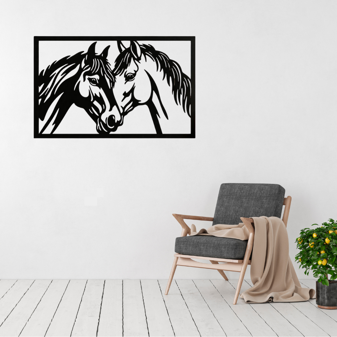 Eternal Bond Horses Metal Wall Art displayed in a bright, modern living room above a contemporary armchair.