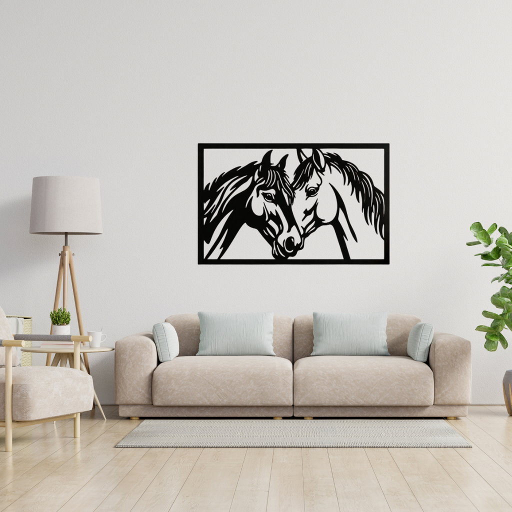 Eternal Bond Horses Metal Wall Art showcased above a modern sofa in a bright contemporary living room.
