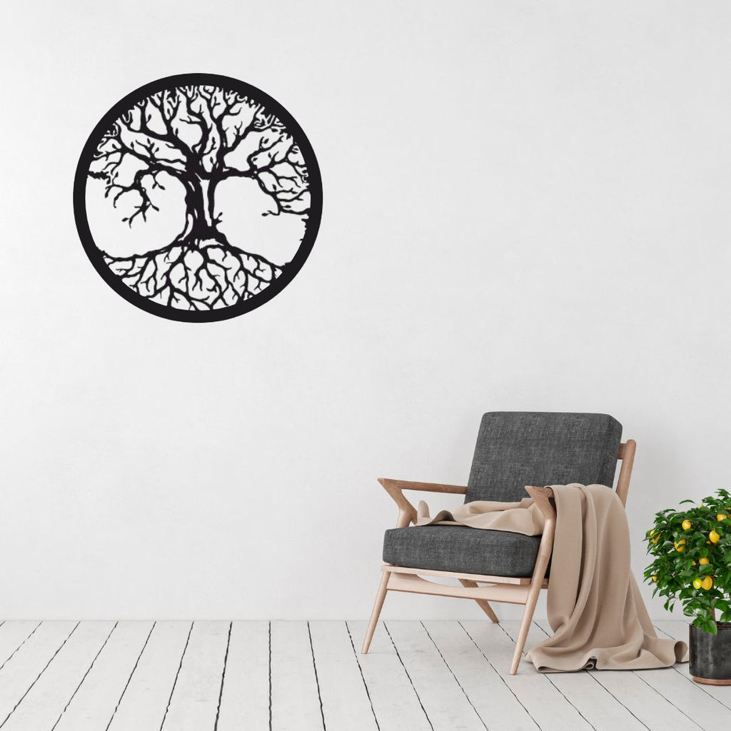 Tree of life metal wall art displayed in a calm modern living space