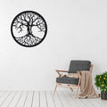 Tree of life metal wall art displayed in a calm modern living space