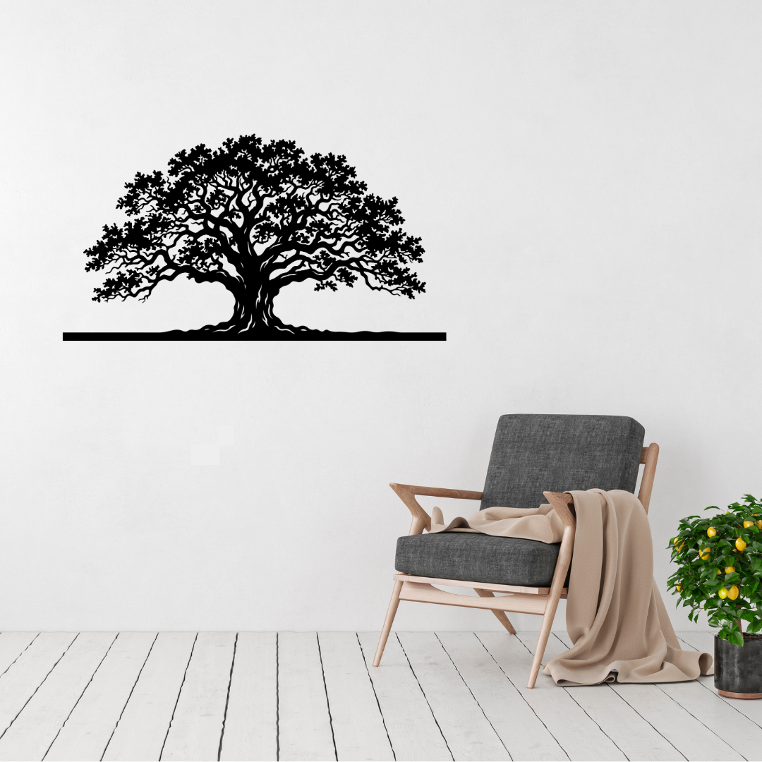 Eternal Roots majestic tree metal wall art displayed above a contemporary chair