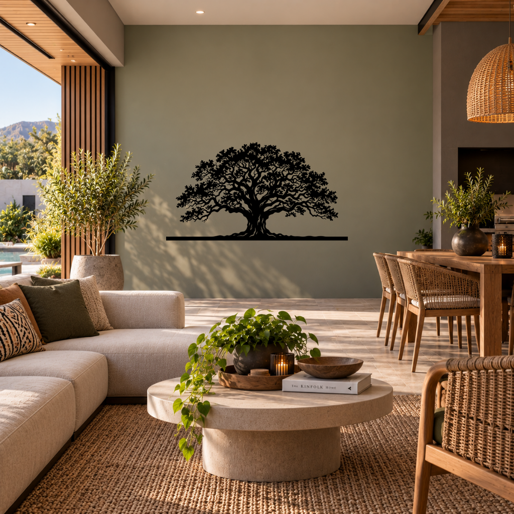 Eternal Roots majestic tree metal wall art displayed in a modern interior