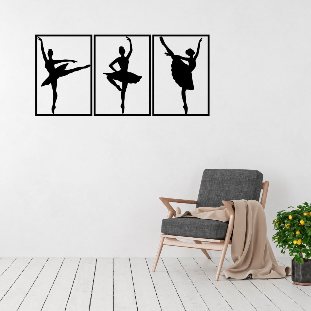 Ethereal Dance | Ballet Trio Panel Metal Wall Art Set displayed in a modern living room.