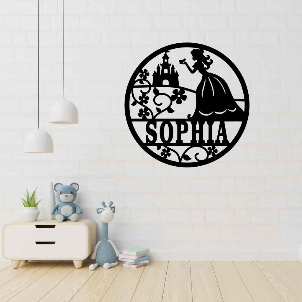 Princess castle wall art displayed in a fairytale-themed girls bedroom