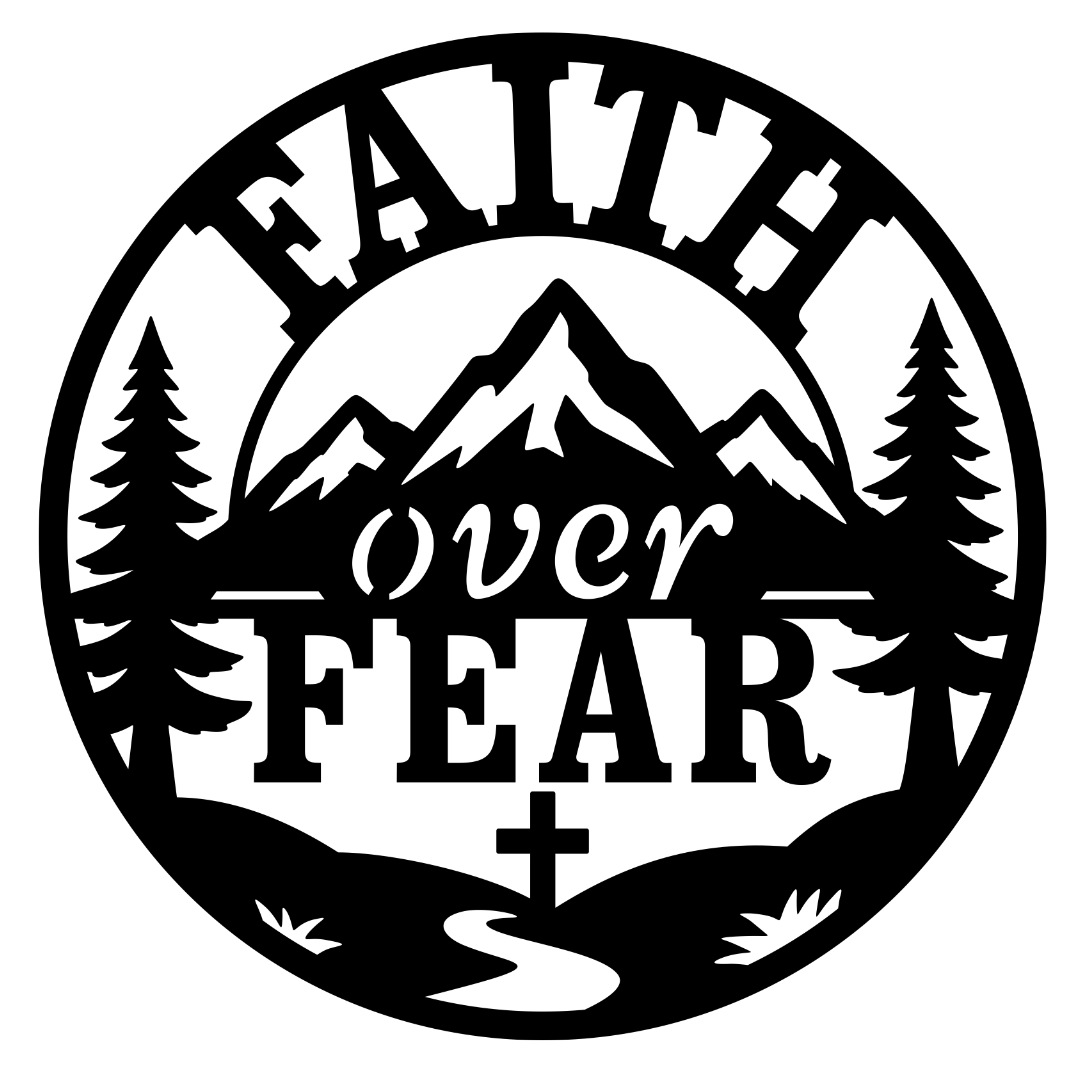 Faith Above Fear mountain cross metal wall art isolated on a white background showing mountains, pine trees, cross and inspirational lettering