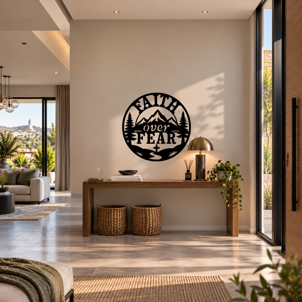 Faith Above Fear mountain cross metal wall art displayed in a modern room with contemporary interior décor