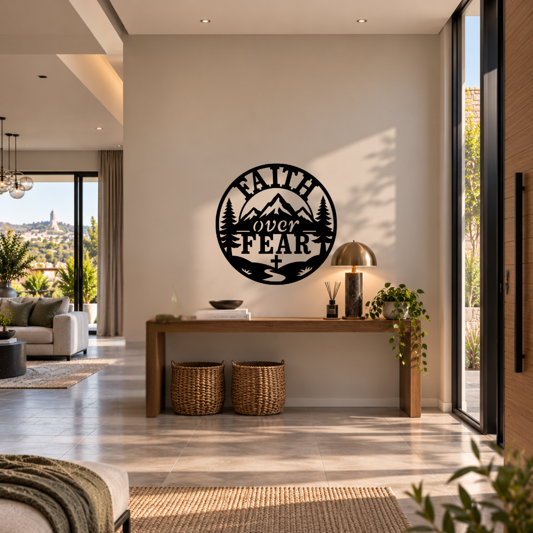 Faith Above Fear mountain cross metal wall art displayed in a modern room with contemporary interior décor