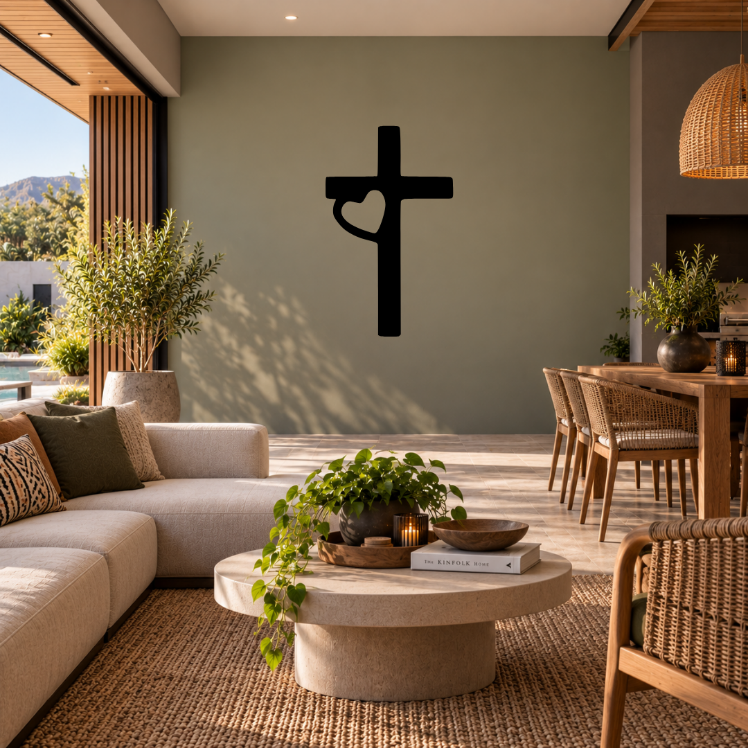 Faith and Love cross heart metal wall art displayed in a modern room with contemporary interior décor