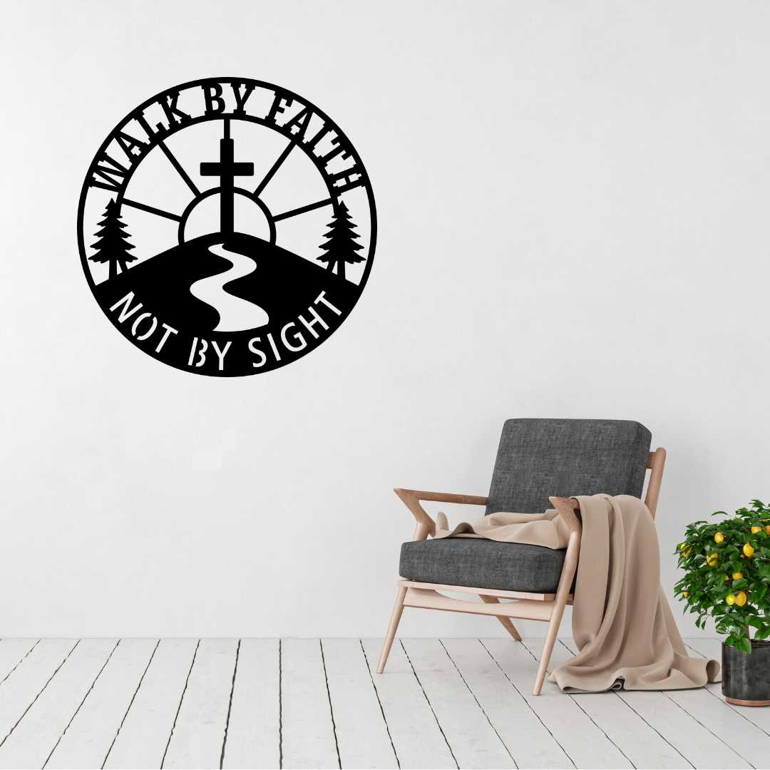 Faith Makes Possible With God metal wall art displayed above a contemporary chair in a modern interior
