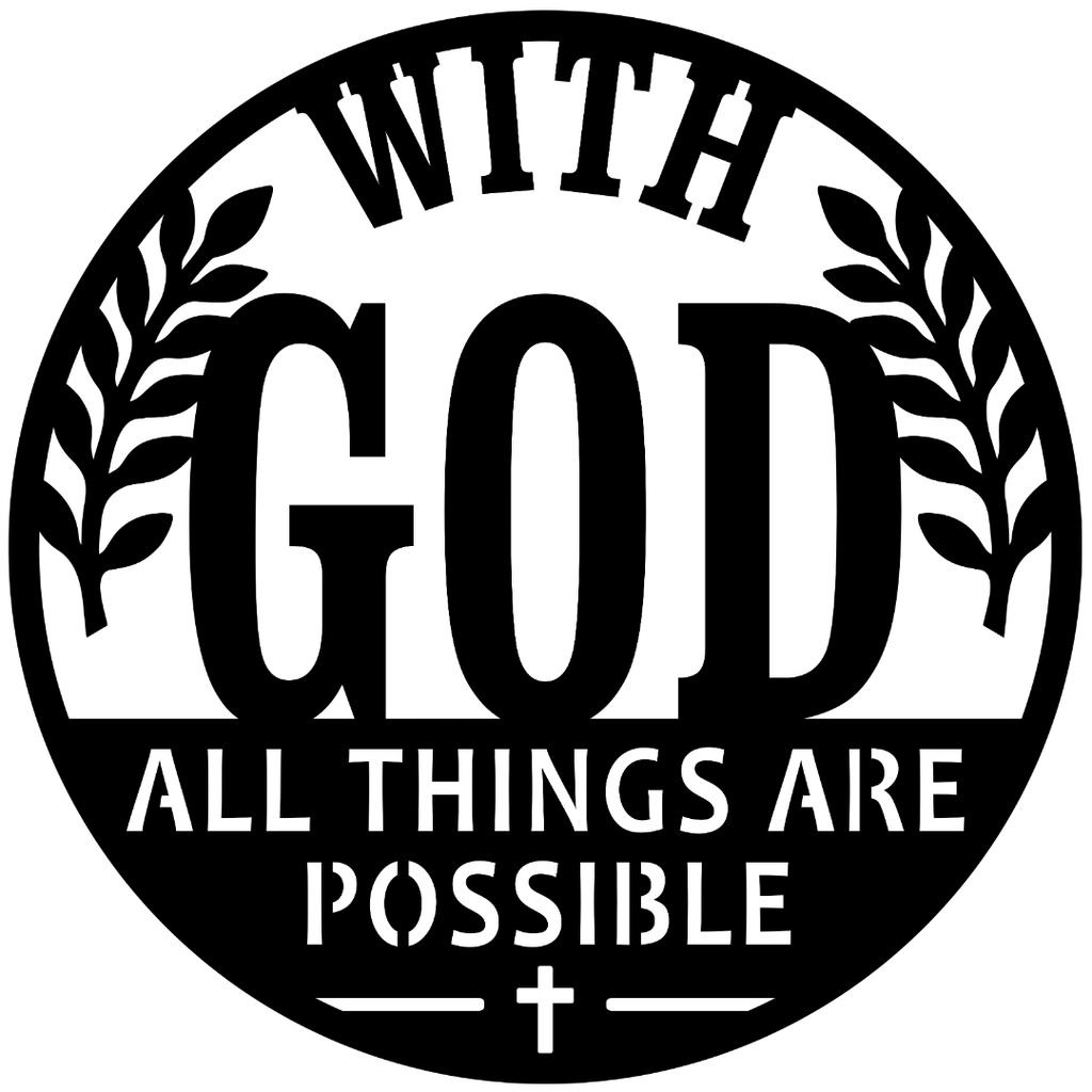 Faith Makes Possible With God metal wall art isolated on a white background showing inspirational lettering, leafy branches and cross