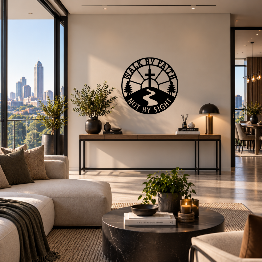 Faith Makes Possible With God metal wall art displayed in a modern room with contemporary interior décor