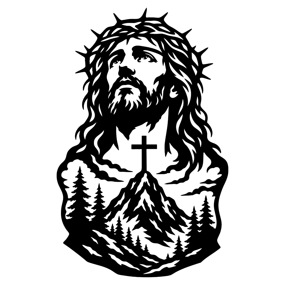 Jesus Mountain Cross metal wall art featuring Jesus and mountains on white background