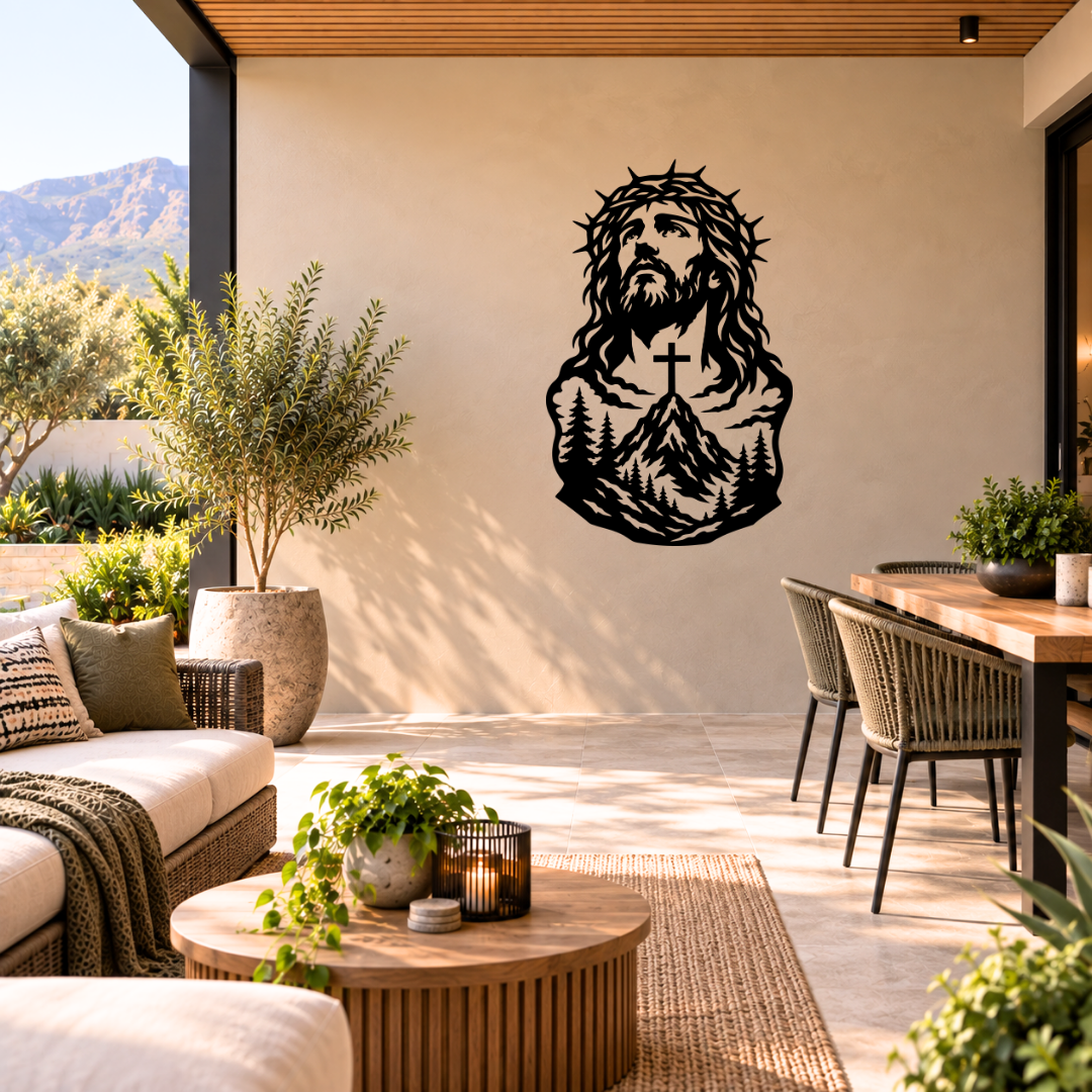 Jesus Mountain Cross metal wall art displayed in a modern interior
