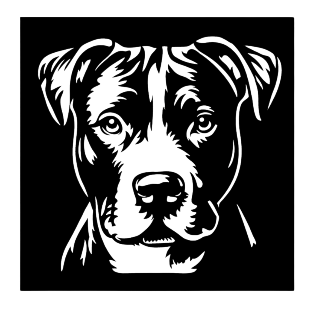 Faithful Eyes | Pitbull Portrait Metal Wall Art featuring an intricate front-facing Pitbull portrait precision cut from black powder-coated steel in a contemporary square metal design.